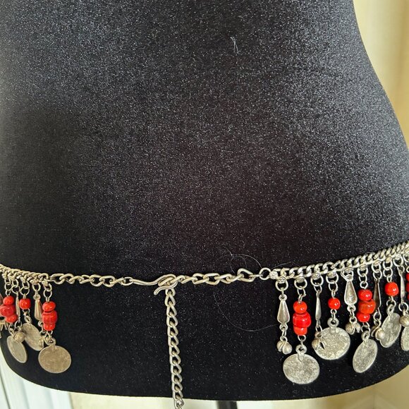 Vintage Style Coin Belt -Heavy Silver Tone-Glass Red Beads- BOHO Tribal Boutique main image 8